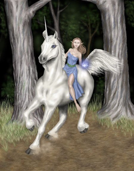 Fantasy Elf Riding Unicorn in Woods