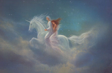 Fantasy Wht Unicorn with Two Riders Clouds