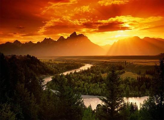 Scene Sunset Mountain River